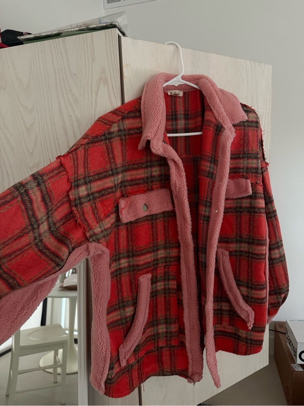 Women's Red and Pink Plaid Sherpa-Lined Jacket - Picture 2 of 3